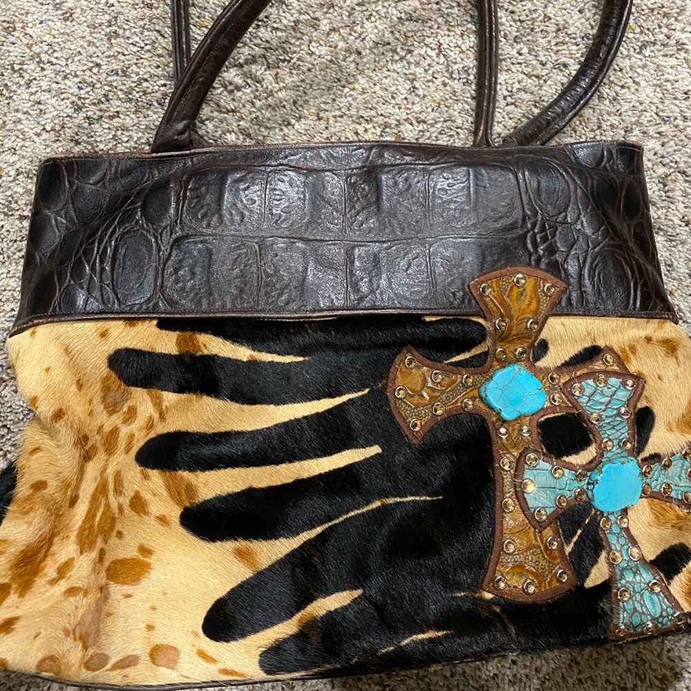 Kurtmen Hair on Hide Jeweled + Turquoise bag